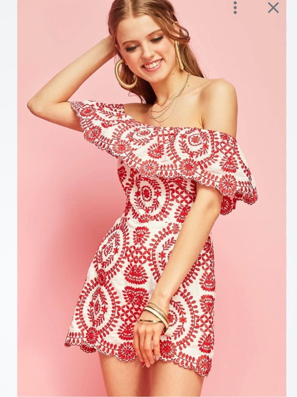 Entro Red Embroidered Off-Shoulder Romper Sz L Party Resort Boho Feminine